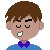 Pixelated cartoon head with brown hair, closed eyes, and open mouth showing light blue teeth against gray background.