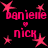 Pixelated pink text and stars on black background, with 'danielle' and 'nick' repeated in a pattern