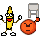 Pixel art animation of a yellow banana character with red mouth and white shoes interacting with an orange spherical object on a gray background.