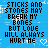 A 48x48 pixel animated contact sheet showing six frames of a blue background with black text repeating "STICKS AND STONES MAY BREAK MY BONES BUT LOVE HILL ALWAYS HURT ME" and white heart symbols, where the word "HURT" alternates between black and white in different frames.
