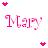 Pixelated pink text 'Mary' with two red heart icons on a light blue and white checkered background.
