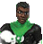 Pixelated figure in green and black costume with white circular emblem on chest, standing against gray background.