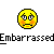 Pixelated yellow emoji face with blush and text "Embarrassed" on gray background.