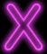A neon-style X symbol with glowing pink and purple outlines on a black background, transitioning from bright to dim.