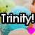 A pixelated blue circular character with a smiling face and pink heart, with 'Trinity!' text in the top-left corner.