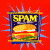 Red background with blue radiating lines surrounding a central frame containing 'SPAM' text above a hamburger image, next to green pixelated 'Original Icons .com' on dark green.