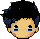 Pixel art head with black spiky hair, light skin, pink cheeks, and silver glasses showing three distinct facial expressions.