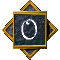 Four identical square icons with golden borders and diamond-shaped blue-gray accents, each displaying a white circular symbol on dark textured background.