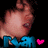 Pixelated anime-style character head with pink lips and brown hair, blue text below, heart symbol changing color across frames.