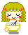 A 4-frame pixel art animation of a cartoon girl with green hair and red bows stirring a bowl, displayed in a contact sheet layout.