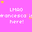 Pixelated pink background with repeated white text 'LMAO francesca is here!' and scattered yellow/pink stars, no visible animation changes.