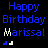 Blue 'Happy Birthday Marissa!' text repeated four times on black background with small blue and white pixelated symbols below each line.