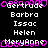 Pixelated text displays names and titles in white on black background with pink border, arranged in -like