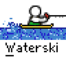 Animated waterski buddy icon showing a stick figure performing various water skiing actions across multiple frames with consistent text labels below each frame.