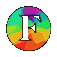 A circular icon with a stylized 'F' in white, surrounded by a gradient of purple, green, yellow, and orange, displayed in a of five variations with different color distributions