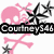 Pixelated icon with pink skull and crossbones, black starbursts, and text 'Courtney346' on white background.