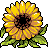 Pixelated sunflower with yellow and brown petals, dark center, green leaves on gray background.