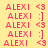 Pixelated text 'ALEXI' in red with alternating emoticons '<3' and ':]' on a yellow background, featuring pink highlight overlays in specific frames.