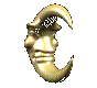 Golden crescent moon with a human face, rendered in 3D with metallic texture, displayed across multiple views showing rotation and perspective changes.