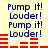 Blue text "Pump it! Louder!" repeats in two above red horizontal bars on a light yellow background