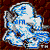 Pixelated blue and white figure with gray accents against a dark brown patterned background, appearing to be a stylized character or object.