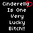 Pixelated text reads "Cinderella Is One Very Lucky Bitch!!" with a red heart symbol replacing the 'o' in Cinderella on one side.