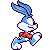Pixel art contact sheet of a blue and white rabbit character in eight sequential animation frames showing running motion with red bow tie, displayed on gray background.