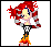Pixelated character with red hair and blue eyes surrounded by animated flames in four