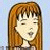 Pixelated static image of a cartoon character with long brown hair and bangs against a light blue background.