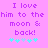 Purple text on pink background reads "I love him to the moon & back!" with five cyan stars below, two versions differ in star arrangement.