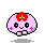 Pixelated pink character with red flower on head, holding light green card with red question mark and three dots.