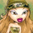 A pixelated cartoon character with long blonde hair and a headband appears on the left side of a contact sheet, while green text reading "Original Icons .com" is displayed on a dark background to the right.