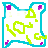 Pixelated icon with cyan outline, green abstract shapes, and purple dots on white background; adjacent text repeats 'lalala!' in multiple colors.