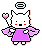 Pixel art animation of a white cat-like character with angel wings and halo, wearing purple dress, holding pink heart-shaped object that changes from static to animated sparkles between frames.