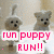 Two pixelated dogs with light brown fur and black eyes appear behind a white banner displaying pink text that reads "run puppy run!!" on a muted background.