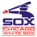 Two distinct Chicago White Sox logos side-by-side: a blue batter with red ball above 'SOX' text and red 'CHICAGO WHITE SOX' banner, next to a black stylized 'S' logo on white background.