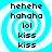 Pixelated blue and white spiral background with black text reading hehehe hahaha lol kiss kiss in four quadrants.