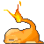 Pixelated orange cat-like creature with flame-tipped tail, lying on gray background in six showing tail movement