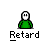 A contact sheet of 14 animated frames showing a pixelated green-shirted character with white face and black eyes, repeatedly saying "Retard" while some frames display speech bubbles reading "LOOK I AM" or "BATMAN!".