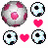A static pixel art composition featuring four distinct icons: a large circular icon with pink and gray tones, two soccer ball–style icons with black, white, and light blue patterns, and two solid pink hearts.