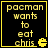 Four identical display yellow pixelated text on black background with Pac-Man icon, each showing 'pacman wants to eat chris' with Pac-Man icon to right of text