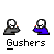 Pixel art character with white face and gray body in multiple poses, some with orange head, blue arm, or red face, labeled 'Gushers' below each frame.