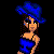 Pixelated blue cartoon woman in strapless dress and hat, with star-shaped mouth covering and 'Babi' text below.