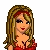 Pixelated icon of a woman with blonde hair and red headband wearing red top, next to partial views of black outfit with pink accents.