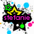 Animated icon with black star-shaped text box, yellow and green symbols, pink text reading 'stefanie is the BOMB!!', blue and pink circular accents on white background.