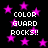 Black background with scattered pink stars and repeated white text reading "COLOR GUARD ROCKS!!" in pixelated font.