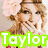A static image of a woman with light brown hair wearing a white dress and a large pink flower in her hair, with green text reading "Taylor" and "Swift" overlaid.
