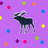 Pixelated moose on purple background with colored dots, yellow text on blue background reading 'I', '<3', and 'A&F'