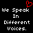 Black background with white pixelated text reading "We Speak In Different Voices." and a red pixelated heart symbol above the text.