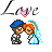 Pixel art of two figures in wedding attire kissing under a 'Love' text with heart symbol, rendered in blue, white, pink, and gray tones.
